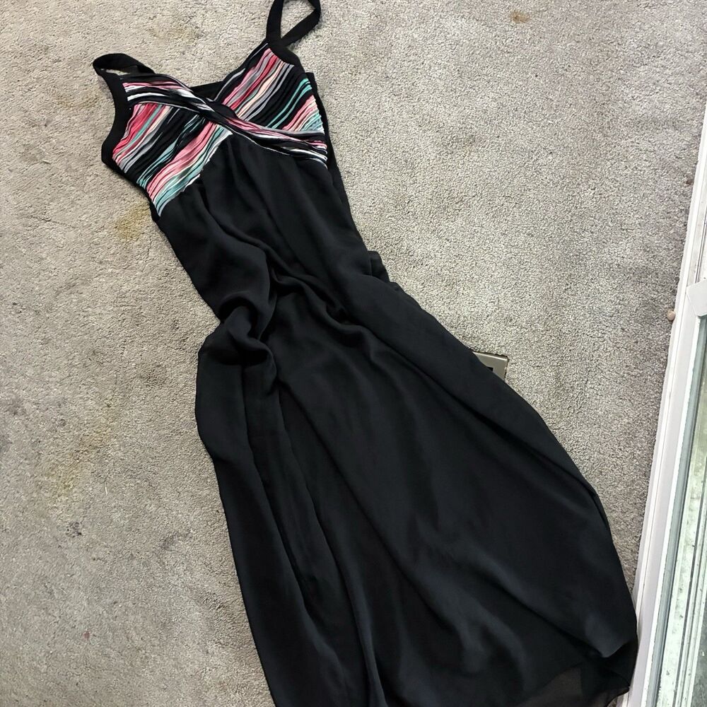 Vintage Robbie Bee Maxi Gown Dress Sz 14 Black Chiffon Multi Color Pin Tucks - Picture 5 of 9